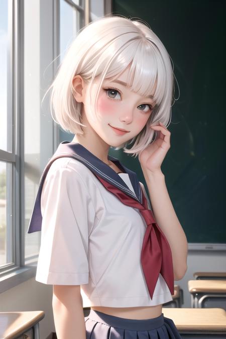 (masterpiece, best quality), 1girl, solo, white hair, short hair, straight hair, blunt bangs, grey eyes, flat chest, narrow waist, petite, pale skin, classroom, sunset, sunbeam, school uniform, white serafuku, red neckerchief, blue sailor collar, looking at viewer, from side, upper body, standing, backlighting, light blush, light smile, hand on own face