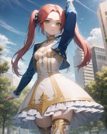 best quality, (masterpiece:1.2), illustration, absurdres,
(1girl, solo), (beautiful detailed girl),
<lora:Eleanor-08:0.85>, Eleanor Hume, red hair, twintails,  green eyes, small breasts,
blue jacket,blue sleeves, long sleeves, white dress, ornate dress, white boots, thighhigh boots, 
cowboy shot,,
park, city, tall buildings, street, tree, sky, clouds, day,,
arms up,
bitter, (looking at viewer),