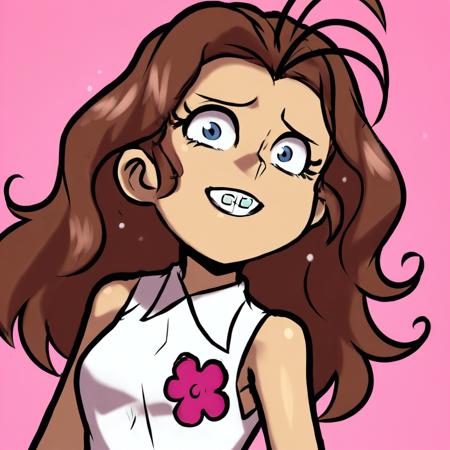 LuanLoudJcm2 1girl, light skin, light skinned female, brown hair, curly ponytail, yellow scrunchie, white shirt, sleeveless collared shirt, pink flower on shirt, yellow skirt, plaid skirt, bucktooth with braces, blue eyes, black eyebrows long brown hair, messy hair