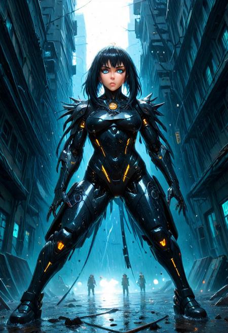 asymmetric painting, vortex of  liquid carbon,  biomechanical ninja, angular armor, angled view, dynamic  action scene, decaying urban, rain, (cyberpunk setting:0.6), , complex reflections, cinematic lighting, soft shadow, cf_style, mobe-cybideen, vivy_vfe, black hair, crossed bangs, blue eyes, stern face, brave perspective, freebos_smoothiestyle, monochrome, neon trim
