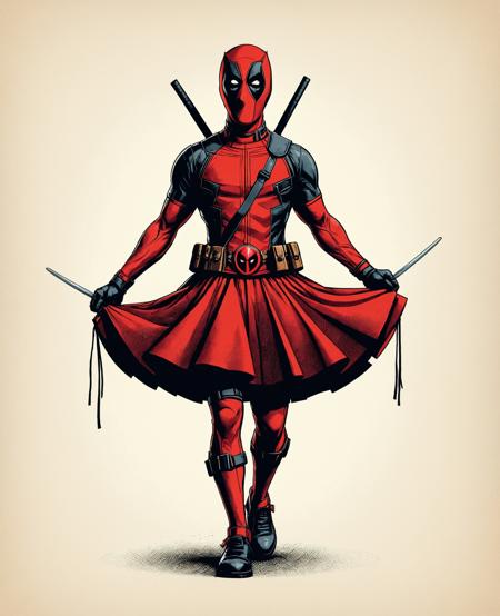 Deadpool , superhero, Deadpool  Marvel Comics
vector, illustration, flat shading, grainy texture, grain
Minimalist vector graphic style illustration,beautiful and dreamy,inspired by Tim Burton's cartoon,
man with dance skirt 'tutu', dress
<lora:grainy-v1:0.7>