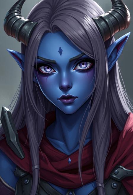 anime style, female tiefling, blue skin, white eyes