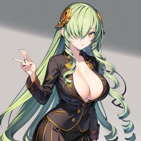 adult, masterpiece, best quality, 1girl, solo, <lora:hornet:0.8>,hornet_(rance), ong hair, breasts, green hair, yellow eyes, hair over one eye, hair ornament,  very long hair, drill hair, cleavage, jewelry, large breasts,expressionless,(school uniform:1.4),school uniform shirts,cowboy shot,in school