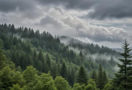 masterpiece, photorealistic, pacific northwest, rainforest, misty, hills, dense trees, cloudy sky, clouds, serene, peaceful, uninhabited
