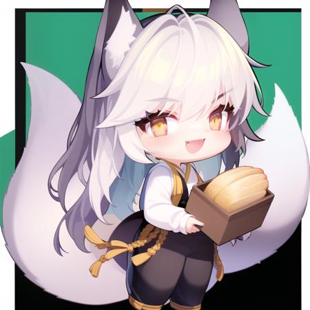 <lora:GTChibi-000019:1>, animal ears, tail, food, fox tail, long hair, fox ears, smile, multiple tails, fang, white hair, long sleeves, yellow eyes, holding, white shirt, shirt, black pants, pants, open mouth, bangs, animal ear fluff, fox girl