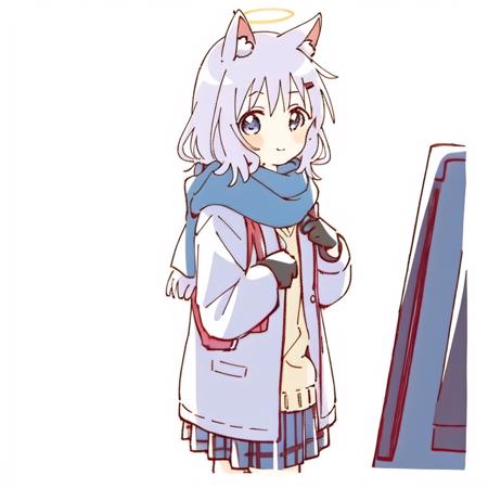 1girl, animal_ear_fluff, animal_ears, bangs, black_skirt, blue_eyes, blue_scarf, blush, closed_mouth, eyebrows_visible_through_hair, gloves, simple_background,white_background, hair_ornament, hairclip, halo, jacket, long_sleeves, looking_at_viewer, open_clothes, open_jacket, plaid, plaid_skirt, pleated_skirt, scarf, shirt, skirt, smile, solo, white_shirt, <lora:namori2-000004:1>