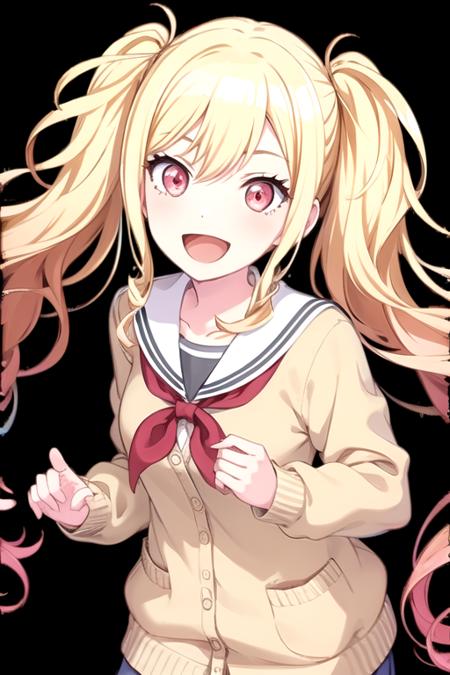 <lora:TenmaSaki-03:0.75>, 10ma_s, 1girl, solo, long hair, smile, open mouth, skirt, blonde hair, simple background, red eyes, long sleeves, hair between eyes, twintails, school uniform, collarbone, pink hair, :d, sidelocks, pleated skirt, serafuku, pink eyes, sailor collar, neckerchief, cardigan, black background, red neckerchief, grey skirt, clenched hands, white sailor collar, yellow cardigan