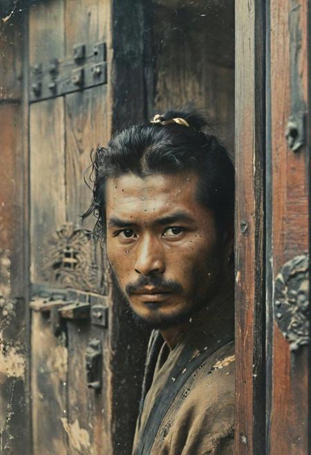 close up shot, 35mm Vintage photo of, old samurai warrior, crossing an ancient japanese door,   <lora:Vintage_Street_Photo:0.85>