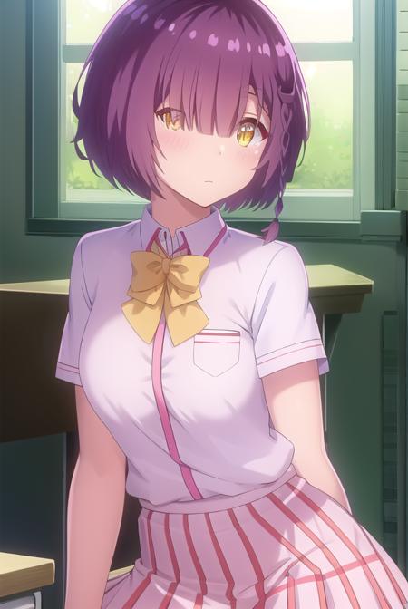 ayanofujimoto, <lora:ayano fujimoto s1-lora-nochekaiser:1>,
ayano fujimoto, short hair, hair ornament, (yellow eyes:1.3), purple hair, braid, (hair over one eye:1.5),
BREAK skirt, shirt, bow, school uniform, white shirt, short sleeves, pleated skirt, shoes, socks, bowtie, plaid, plaid skirt, brown footwear, black socks, loafers, pink skirt,
BREAK indoors, classroom,
BREAK looking at viewer,
BREAK <lyco:GoodHands-beta2:1>, (masterpiece:1.2), best quality, high resolution, unity 8k wallpaper, (illustration:0.8), (beautiful detailed eyes:1.6), extremely detailed face, perfect lighting, extremely detailed CG, (perfect hands, perfect anatomy),