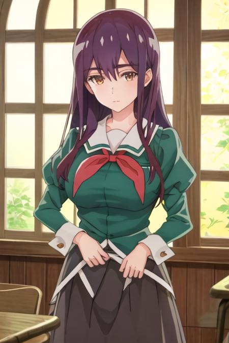 best quality, masterpiece, highres, solo, {yano_mitsuki_watashinoyuriwaoshigotodesu:1.15}, long_hair, purple_hair, brown_eyes, hair_between_eyes, 1girl, breasts, closed_mouth, green_shirt, long_sleeves, neckerchief, puffy_sleeves, red_neckerchief, school_uniform, skirt, juliet_sleeves, shirt, black_skirt, window, yellow_eyes