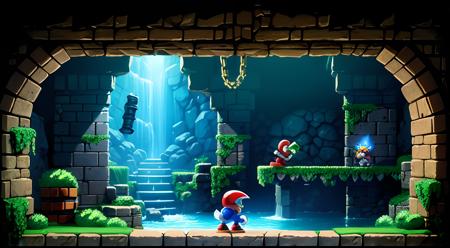 A platform game inside a cave with some dungeon walls, chains, Christians, dark, some water, sonic, Mario, contra, mega man, platform:2