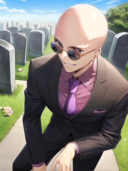 best quality, masterpiece, highres, detailed, perfect anatomy,  <lora:Detail - add_detail:0.2>,  <lora:Character - MasanoriV:0.8>, suit, jacket, necktie, purple necktie, sunglasses, graveyard, evil smile, bald, japanese graveyard,