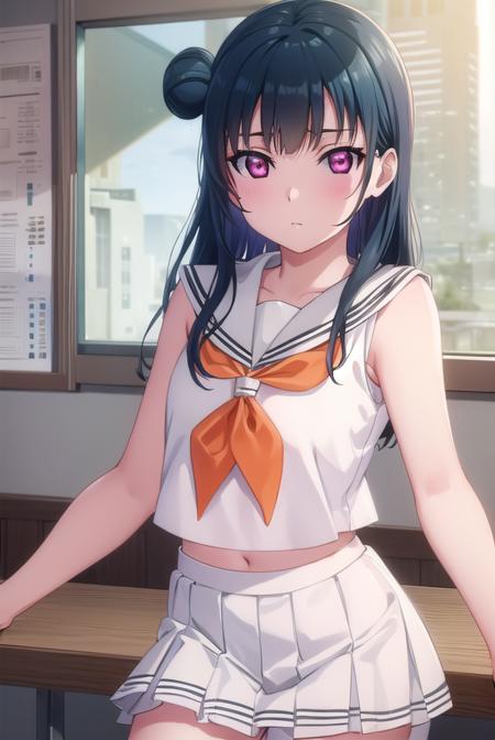 yoshikotsushima, <lora:yoshiko tsushima s2-lora-nochekaiser:1>,
yoshiko tsushima, long hair, bangs, blue hair, (pink eyes:1.3), hair bun, single hair bun, single side bun,
BREAK shirt, school uniform, white shirt, serafuku, neckerchief, uranohoshi school uniform, (orange neckerchief:1.2), sleeveless, skirt, pleated skirt, grey skirt,
BREAK indoors, classroom,
BREAK looking at viewer, (cowboy shot:1.5),
BREAK <lyco:GoodHands-beta2:1>, (masterpiece:1.2), best quality, high resolution, unity 8k wallpaper, (illustration:0.8), (beautiful detailed eyes:1.6), extremely detailed face, perfect lighting, extremely detailed CG, (perfect hands, perfect anatomy),