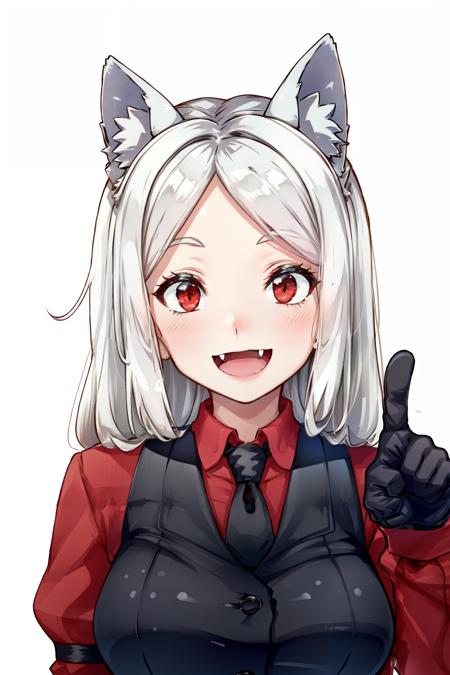 cerberus(helltaker), demon girl, waistcoat, upper body, white hair, shirt, dog ears, collared shirt, long sleeves, dog girl, black vest, 1girl, :d, red eyes, open mouth, red shirt, simple background, animal ears, long hair, necktie, black necktie, solo, smile, fang, black gloves, arm garter, gloves, medium breasts, vest, white background<lora:cerberus:0.8>