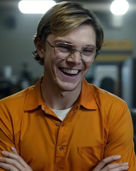 jeffreydahmer, a photo of man with glasses, (laughing:1.3), orange shirt, detailed face, looking at viewer, (upper body:1.3), ((canon m50)), (High Detail), Sharp, 8k,