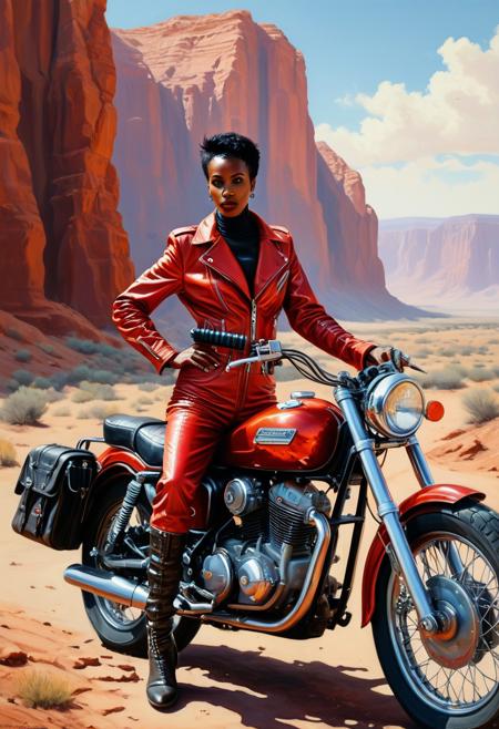 A hyperrealistic painting of a somali woman in a vibrant red leather motorcycle outfit, leaning against a red motorcycle.  The woman, with short black hair, has a confident, poised posture and a direct gaze, subtly evoking a sense of freedom and independence.  The setting is a vast, sun-drenched desert landscape; warm, sandy browns and rusty orange-reds are dominant colors, with towering red rock formations in the background.  The lighting is dramatic, highlighting the textures of the woman's clothing, the motorcycle's chrome parts, and the rocky cliffs.  The scene has a sense of depth and detail, mimicking the impression of oil painting but with exacting photographic accuracy.  The motorcycle details include polished chrome accents, with a view of the engine visible. The overall aesthetic is that of a vintage motorcycle-themed illustration.