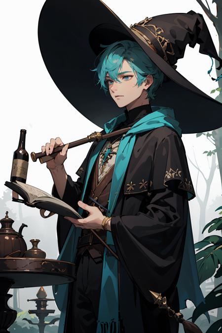 masterpiece, best quality, 1 male, adult, tall muscular, handsome, finely detailed eyes, intricate details, wizard, black hat with a pointed brim, broomstick with a carved handle, spellbook with a variety of spells, potion bottles with various ingredients, enchanted forest with a hidden wizard hut