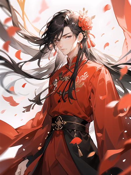 long hair, hair ornament, petals, solo, 1boy, black hair, male focus, falling petals, chinese clothes, jewelry, flower, upper body, long sleeves, red dress, dress, hair flower, wind<lora:guofengnan:0.6>,black eyes,