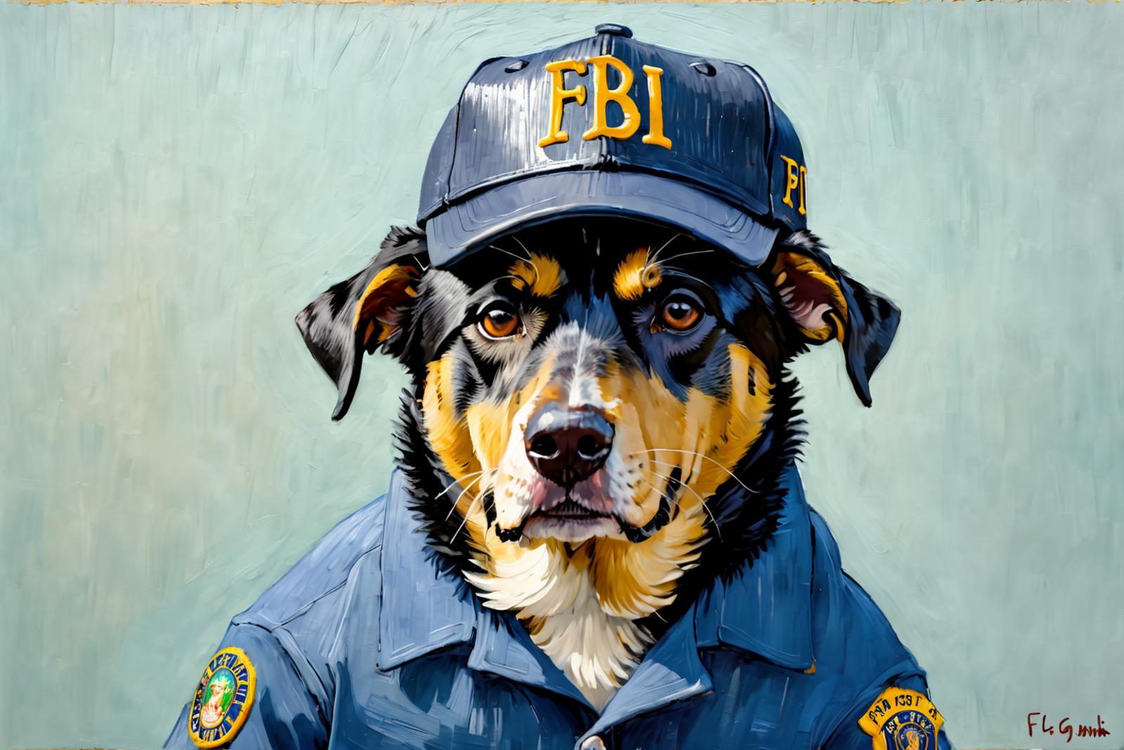 A dog wearing a FBI hat and jacket posing for a portrait.