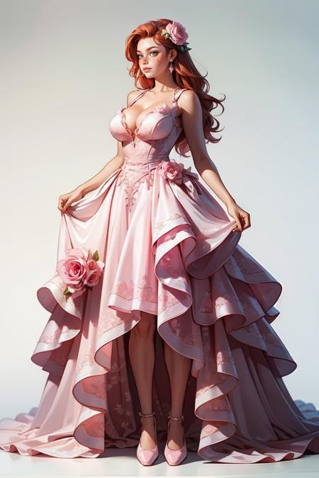 r0s3dr3ss, pink wedding dress, frills, pink roses, fluffy dress,   <lora:r0s3dr3ss:0.7>  <lora:detail_slider_v4:1> <lora:Fr3ckles:0.7> Fr3ckles, freckles, ginger hair, medium breasts, long hair,  grey eyes, <lora:weight_slider_v2:0.8> solo,<lora:age_slider_v20:0.9> white background, full body,