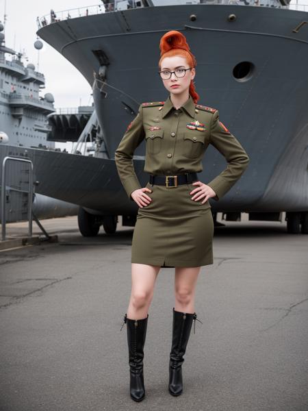 raw photo, 35mm photography, 20y old russian female military officer with glasses and a fiery red ponytail haircut posing with her hands on her hips on deck of a modern battleship, midi  pencil skirt, heels, detailed face, detailed eyes, ultra detailed hair, heavy makeup, lipstick, arrogant facial expression, intricate uniform, Shaft boots, feminine, elegant, romanic and german influence, insignia, embellishments,