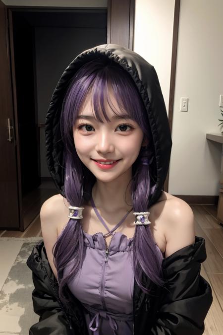 masterpiece, best quality,  <lora:YuzukiYukari-sver:1>,  <lora:yc:0.2>,yuzuki yukari, hood down,hooded jacket,bare shoulders,purple dress,smile