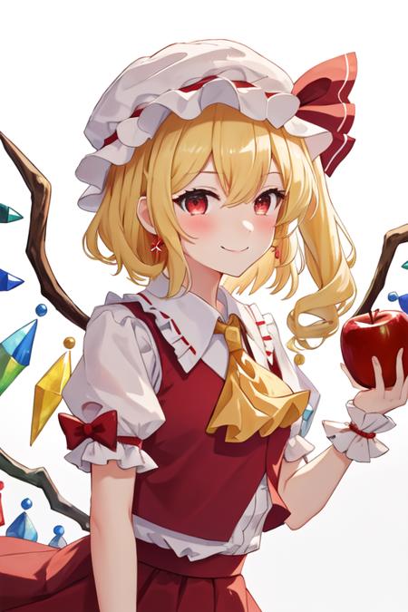 best quality, masterpiece, highres, solo, {flandre_scarlet_touhou:1.15}, blonde_hair, wings, red_eyes, crystal, bangs, hat, one_side_up, ribbon, mob_cap, bow, blush, smile, vest, white_headwear, red_vest, ascot, hair_between_eyes, red_bow, red_ribbon, upper_body, hat_ribbon, yellow_ascot, short_hair, 1girl, puffy_sleeves, short_sleeves, side_ponytail, skirt, apple, food, fruit, looking_at_viewer, skirt_set, shirt, white_background