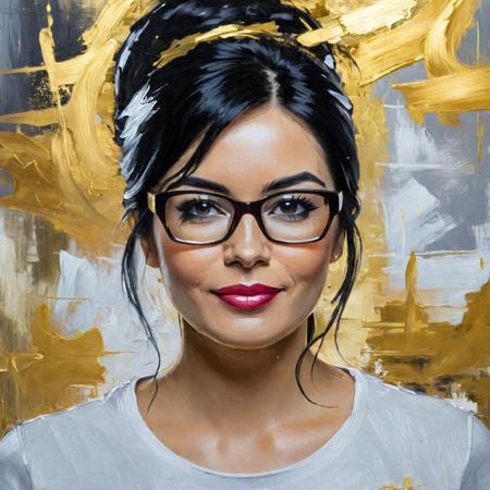 Oil painting style art abstract impressionism painting with rough brush strokes, masterpiece, best quality, a long black haired, 50yo woman  ral-3dcubes,glasses, a gold T-shirt, minimalist background with vibrant color splashes, looking at viewer, intricate details, solo, upper body, 3d render, cinematic lighting, detailed, volumetric