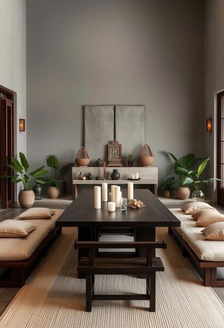 "A tranquil ritual room designed in Wabi Sabi x Tropical Modern style, dedicated to ancestor worship. The walls are painted dusty gray, creating a neutral backdrop for reflection. At the center, a handcrafted taupe altar with subtle imperfections showcases offerings and ancestral tablets, embracing Wabi Sabi’s appreciation for natural beauty.
Behind the altar, a traditional dark wood dining table for 8-12 serves ceremonial gatherings. The table’s natural textures complement the space’s low wooden benches and soft beige cushions, inviting family participation.
Lime green and dark green tropical plants in simple ceramic vases provide vibrant, fresh touches throughout the room. Handwoven textiles in muted earth tones and lime green add warmth and depth, maintaining harmony with Wabi Sabi's simplicity.
Incense burners and white candles on the altar glow softly, while a light beige woven rug adds tactile warmth underfoot. Accents in light salmon, pale cyan, and brick red are tastefully integrated into small decor elements, adding subtle contrast.
Soft ambient lighting from lanterns casts gentle shadows, creating a serene atmosphere. The room seamlessly blends Wabi Sabi’s natural imperfection with Tropical Modern’s vibrant greenery, offering a sacred, inviting space for honoring family traditions."