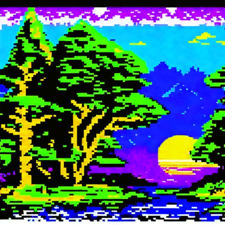 Mystical forest, bright sun, teletext