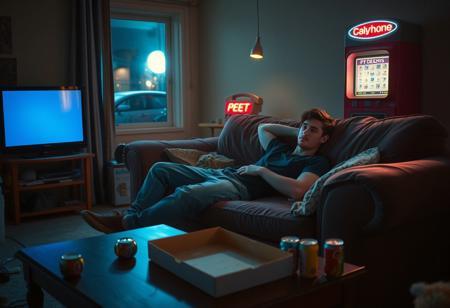 “A 23-year-old young man slouches on a worn-out couch in a dimly lit living room. The glow of the TV casts a bluish hue across the messy space. His pants are tossed haphazardly on the floor, and a half-empty pizza box sits on the coffee table next to scattered soda cans. In the background, a retro payphone glows under a neon streetlight, giving off a nostalgic 90s/early 2000s vibe. Through a nearby window, a car is parked outside, its brake lights fading, hinting at a recent, awkward departure. The scene has a humorous and slightly rebellious energy, blending warm indoor lighting with cool neon tones outside, capturing a carefree yet self-reflective moment.”