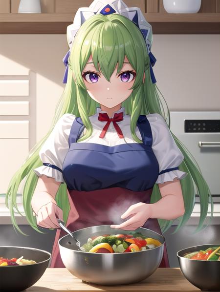 best quality, masterpiece, highres, detailed, digital illustration, <lora:Detail - add_detail:0.2>, Mariandale,  <lora:Mariandale-10:0.8>, kitchen, cooking, green hair, long hair, purple eyes, medium breasts, blue headdress, wok, fire, stir-fry food, serious,