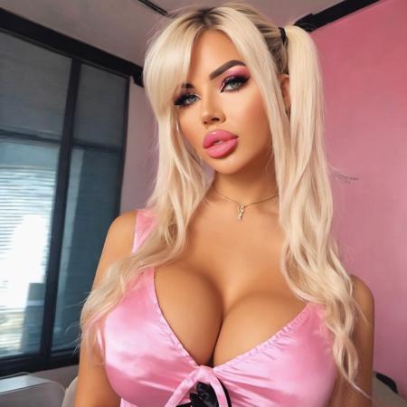 Masterpiece painting  by (Ilya Kuvshinov) of slutty posing blonde bimbo schoolgirl in class, bmbplora, ultra detailed, cleavage, thick brows, mega tits, enormous chest, black hair, full_lips, boobs, makeup, lips slutty, sexy outfit, ultrares, absurdres, 8K, ultra quality, dramatic lighting, girly, high twintails, pink outfit, detailed iris, bright eyes, detailed lips, mega tits, giant breasts, <lora:bmbploraxl6-000008:0.65>