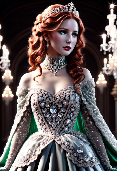diamondMW, countless diamonds,  Realism_Quality_2xx_By_Stable_Yogi, (masterpiece), (illustration), (castle), (pale skin), (grace lady), jewelry-tiara, //ruby_deep-orange hair, long_wavy hair//, //shiny-green eyes//, nose, (shiny lip), closed mouth, (huge breasts:0.8), //gray long lace dress//, //white garter, elbow gloves, royal_cape//, looking at viewer, standing, close-up, <lora:conceptSceneryScene_v10:0.7>, add-detail-xl, <lora:add_detail:1>, coralbugXL, <lora:coralbugXL:1.4>, deepdarkocean,  censored, puffy sleeves, closed dress, beautiful high-neck top, fully dressed, <lora:NadineXL:1>, <lora:AzaleaXL2:1>, AzaleaXL2, NadineXL, bandit.