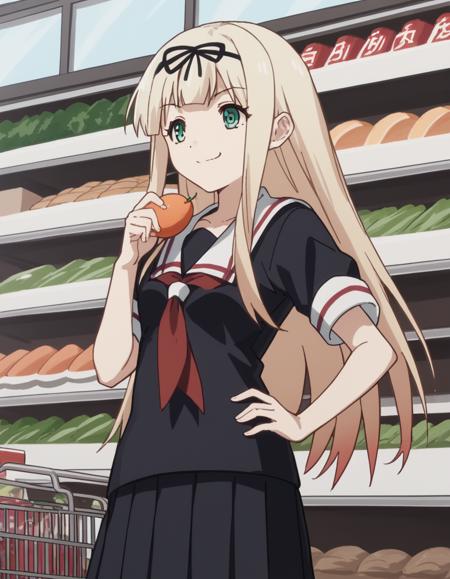 yuudachi, long hair, blonde hair, green eyes, hair ribbon, black ribbon, straight hair, yuudachi (kancolle) skirt, school uniform, pleated skirt, serafuku, black skirt, neckerchief, red neckerchief, black serafuku, white sailor collar,