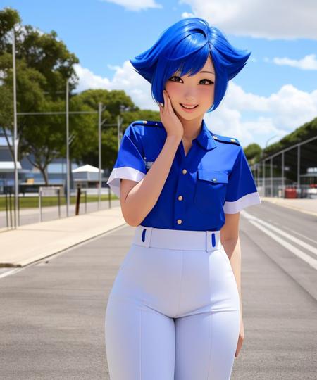 <lora:LapizLoraRMixpro-000001:1>, 1girl, Lapiz Lazuli (character), idol pose, skindentation, beautiful woman, wearing a construction uniform, blue hair, pupils, modeling, outdoors, happy, smile, military base, short hair, cowboy shot