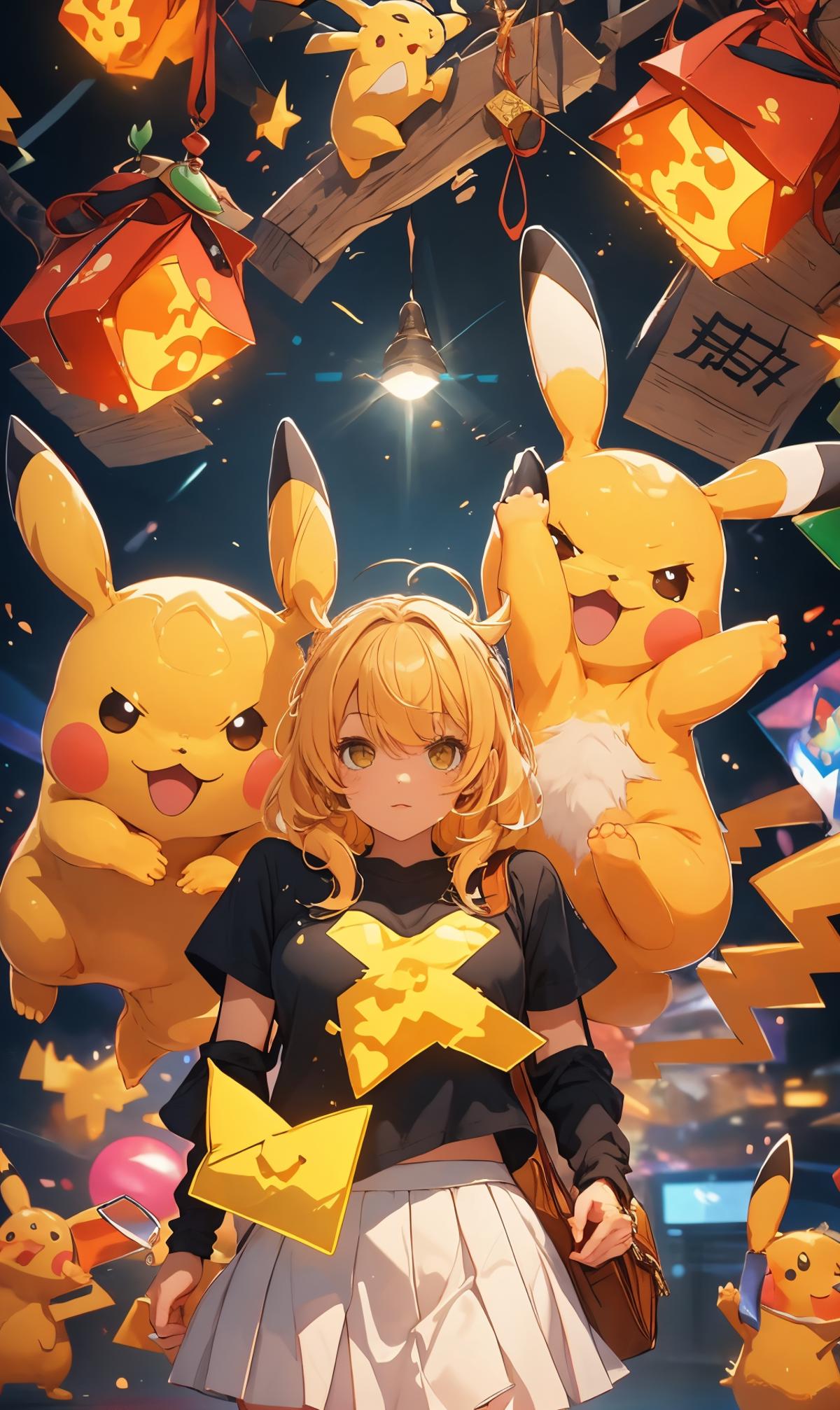 A woman standing between two yellow stuffed Pokemon characters.