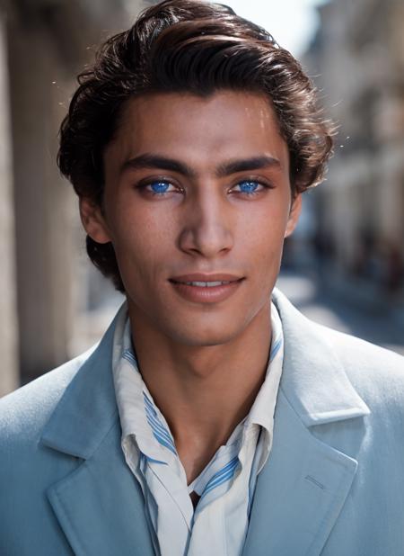 stunning photo of  beautiful 20 years old boy ihtiandr <lora:ihtiandr:0.7>, smile, walking on the streets, wearing jacket, dreamlike blue eyes, sharp focus, epic lighting,(detailed face:1.2), subsurface scattering, f2, 35mm