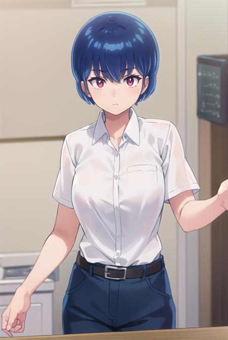 ryuunosukefujinami, <lora:ryuunosuke fujinami s1-lora-nochekaiser:1>,
ryuunosuke fujinami, short hair, blue hair, (red eyes:1.2), 
BREAK shirt, school uniform, (white shirt:1.5), short sleeves, collared shirt, belt, pants,
BREAK indoors, classroom,
BREAK looking at viewer, (cowboy shot:1.5),
BREAK <lyco:GoodHands-beta2:1>, (masterpiece:1.2), best quality, high resolution, unity 8k wallpaper, (illustration:0.8), (beautiful detailed eyes:1.6), extremely detailed face, perfect lighting, extremely detailed CG, (perfect hands, perfect anatomy),