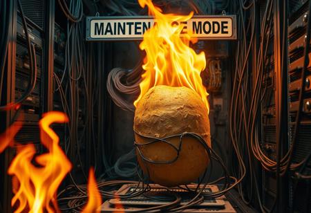 a potato with wires connected to it, on fire and smoking, with a sign above that says "MAINTENANCE MODE", in a server room with wires running everywhere, flames, smoke, photo realistic, realistic textures