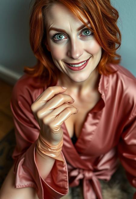 A pretty mature woman looking down at the viewer. She is fitting a latex glove. Her hair is red and her eyes are bright green. She has a condescending smile in her face as if she were planning something evil. She is wearing a pretty but casual silk robe, together with fur slides. Her body is toned and fit. She is in her mid 40s and looks very attractive. The image comes from a low angle, as if the viewer were down on the floor.