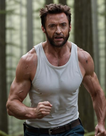 medium shot, photorealistic, hugh jackman wolverine wearing tight white tanktop and blue jeans and brown belt running in a forest, movie still, cinematic lighting, dynamic pose, text