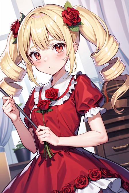 1girl,flower,dress,blonde hair,hair ornament,solo,hair flower,red dress,rose,drill hair,short sleeves,red flower,red rose,:<,holding,puffy sleeves,blush,puffy short sleeves,bangs,o_o,white eyes,twintails,looking at viewer,twin drills,