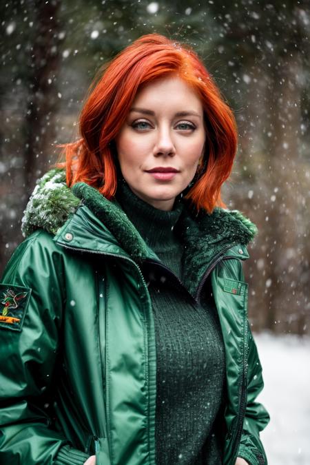 jnh  wearing green jaket, red head, falling snow, closeup, masterpiece, higeres, 4k, hdr, trending on ArtStation,,  <lyco:JenniferH-RealVision-V1.0:1.0>