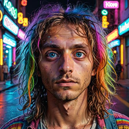 hyperealistic portrait photo, in a future the human is big head and rounded big eyes, have hippie hair with rainbow colors, the night is coming in the street, neon lights in background, high detailed
