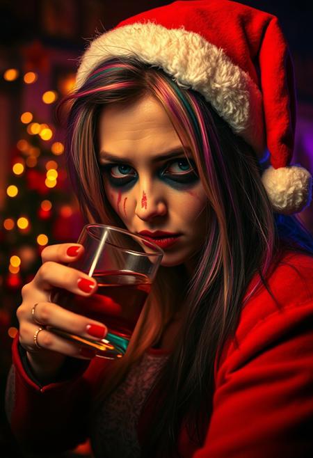 A mid-30s scary woman, Indian housewife with multi-coloured hair, in a dark night time dive rock bar.  Heavy gothic smeared makeup, looking at the viewer. She's at the bar. Sad and drunk. She is drinking whiskey, wearing a torn Christmas costume with a Santa Christmas hat. Fairy lights and Christmas tree. Low key lighting. Dark shadows. Cinematic style cyan and orange. Rembrandt Lighting style, partially covered in shadow. soft vignette,  Mechanical vignetting, horror scene, dark rooms, girl, gore