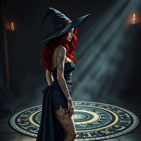 full body picture of a witch, wearing a short, low cut, black tunic, her body displaying arcane and mystical tattoos , red hair, witches hat, standing in the middle of a magic circle in a dark gothic room, ultra hd, realistic, vivid colors, highly detailed, UHD drawing, pen and ink, perfect composition, beautiful detailed intricate insanely detailed octane render trending on artstation, 8k artistic photography, photorealistic concept art, soft natural volumetric cinematic perfect light