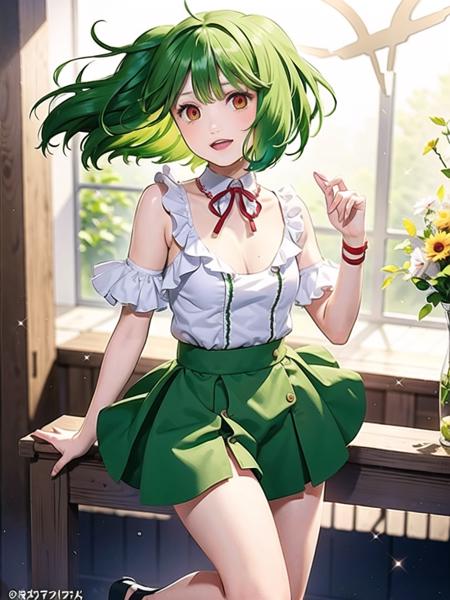 1girl, solo,(best quality),(masterpiece:1.1), full body, looking_at_viewer, dynamic angle, green hair, red eyes, neck_ribbon, cute, clear facial skin,