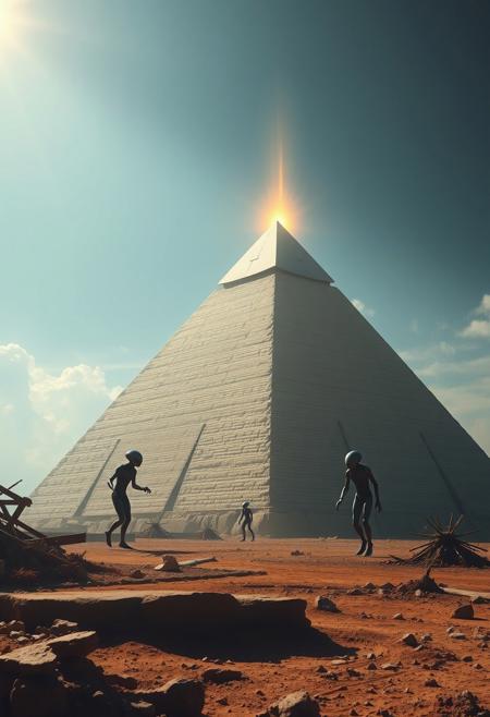 (photorealistic, realistic, masterpiece, best quality, amazing quality, very aesthetic, absurd res, scenery, glossy image, shiny image, dramatic lighting, volumetric lighting, dramatic shadows). 
Aliens are building an Egyptian pyramid.