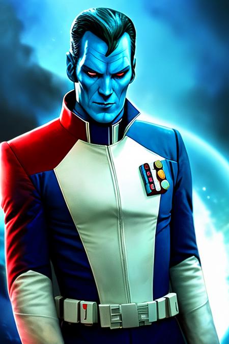 photo of thrawn, an alien, wearing a star wars imperial uniform, (blue skin:1.5), (red eyes:1.3), (colored skin,:1.1), detailed face